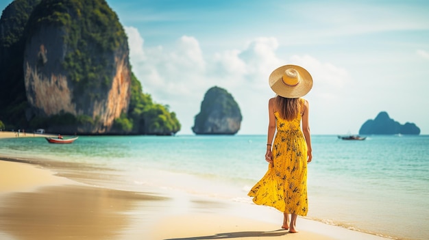 Woman Tourist in Yellow Dress and Hat Traveling on Road