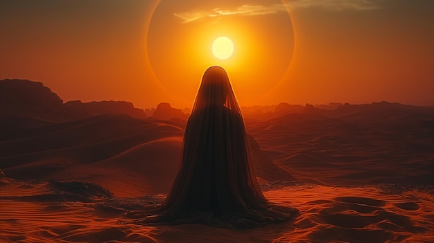 Woman In Traditional Arab Dress Rises Her Arms against the backdrop of the desert and a beautiful sunset