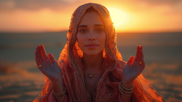 Woman In Traditional Arab Dress Rises Her Arms against the backdrop of the desert and a beautiful sunset