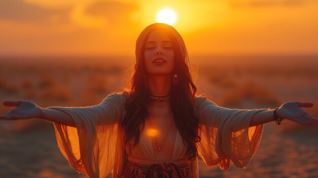 Woman In Traditional Arab Dress Rises Her Arms against the backdrop of the desert and a beautiful sunset