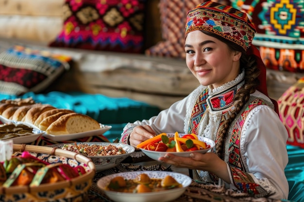 A woman in traditional attire sits at a table adorned with national dishes at the Nowruz