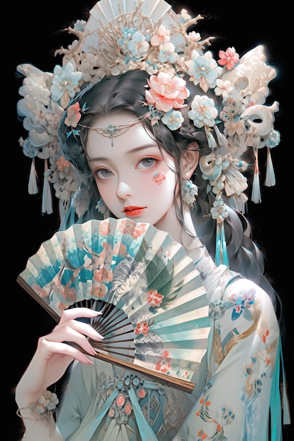 a woman in a traditional Chinese costume holding up a fan