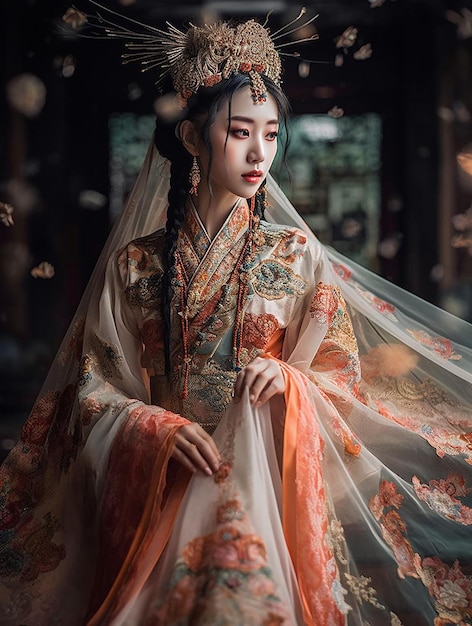 A woman in a traditional chinese costume stands in a dark room with flowers floating in the air.