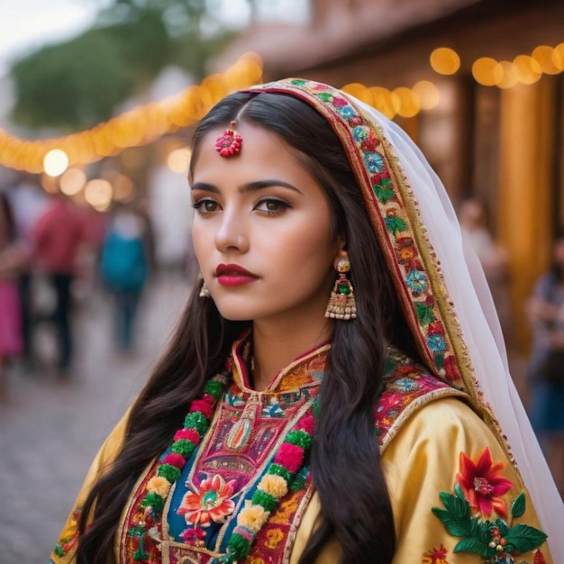 Woman in traditional clothing of the Virgin of Guadalupe