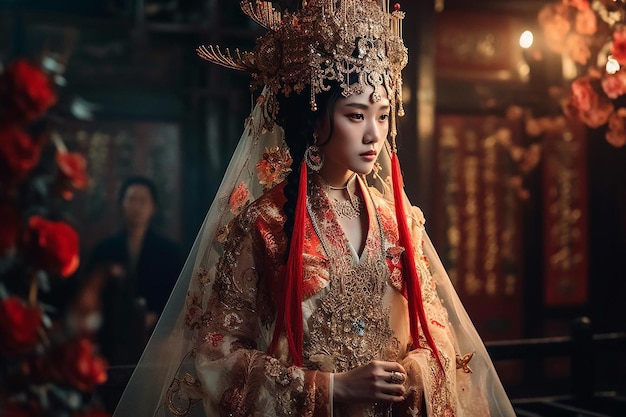 A woman in a traditional costume stands in a dark room with a lamp in the background.