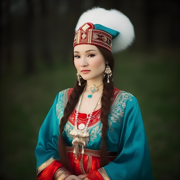 A woman in a traditional costume with a white hat and tassel on her head.