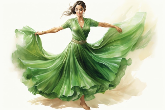 Woman in traditional dress celebrating nowruz by dancing in festive attire watercolor illustration