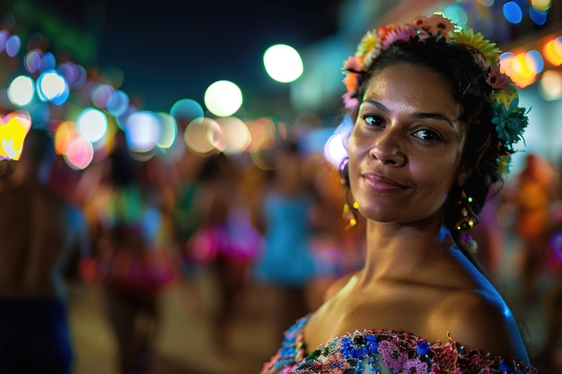 Woman in traditional dress at a festive celebration with blurred lights in the background