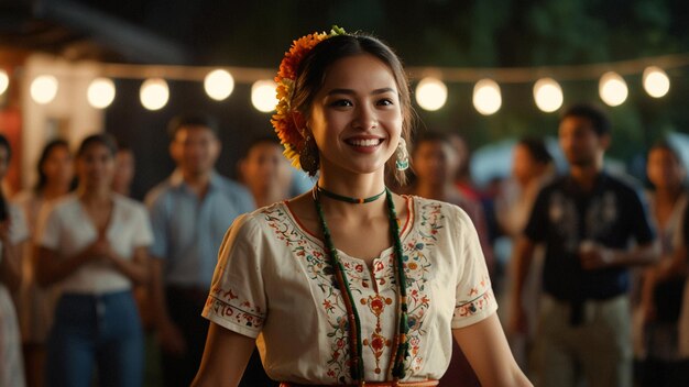 a woman in a traditional dress smiles for the camera