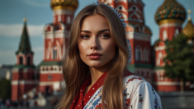 Photo a woman in a traditional dress stands in front of a church