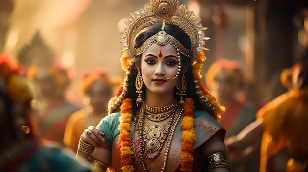 a woman in a traditional dress stands in front of a crowd of people.