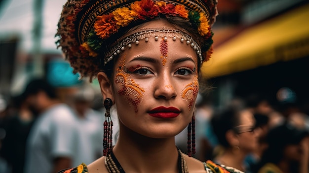 A woman in a traditional dress stands in front of a crowd.