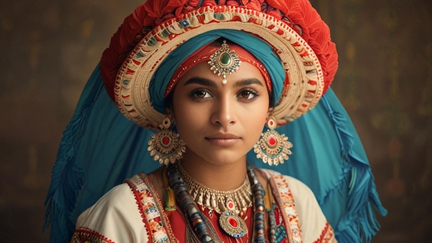 a woman in a traditional dress with a blue and gold headdress