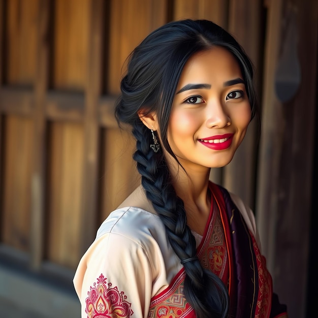 a woman in a traditional dress with a flower pattern on the front