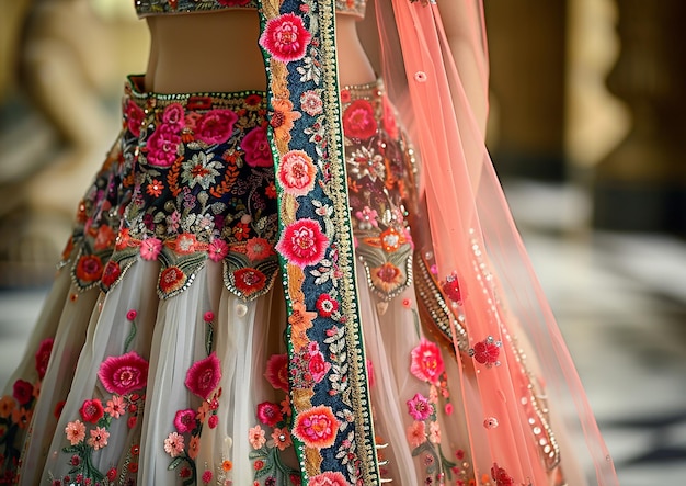 a woman in a traditional dress with flowers on the chest