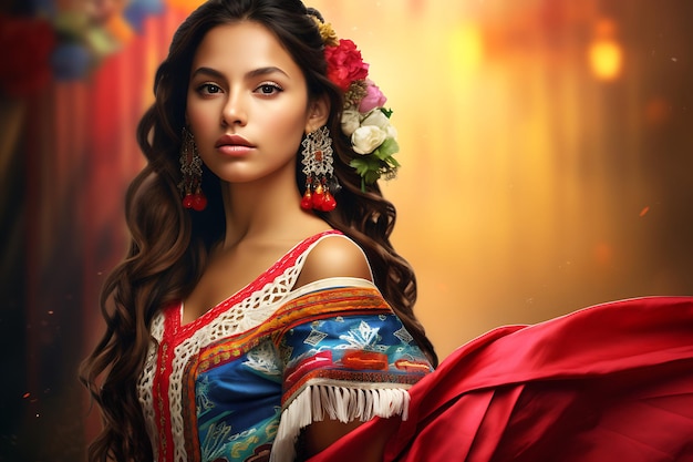 a woman in a traditional dress with flowers on her head