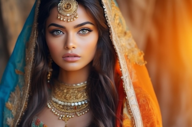 A woman in a traditional indian dress with gold jewelry and a green dress