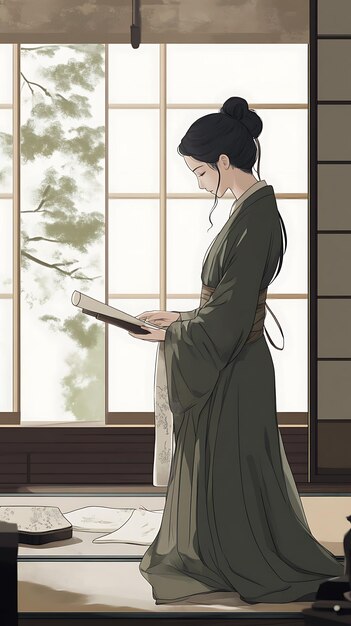 Woman in Traditional Japanese Clothing Reads a Book in a Peaceful Room