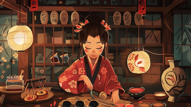 Woman in Traditional Kimono Working in a Japanese Shop with Lanterns