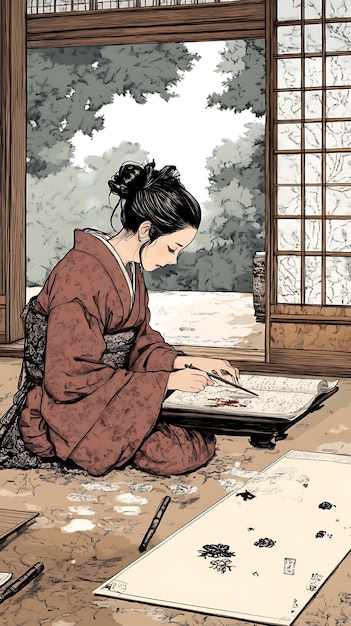 Woman in Traditional Kimono Writing in a Japanese House