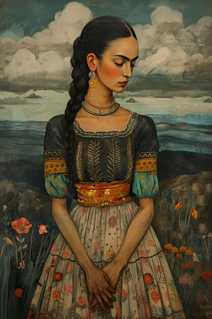 Photo a woman in a traditional mexican dress stands in a field of flowers her head bowed in thought