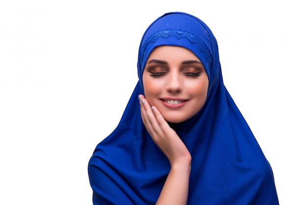 Woman in traditional muslim clothing isolated on white