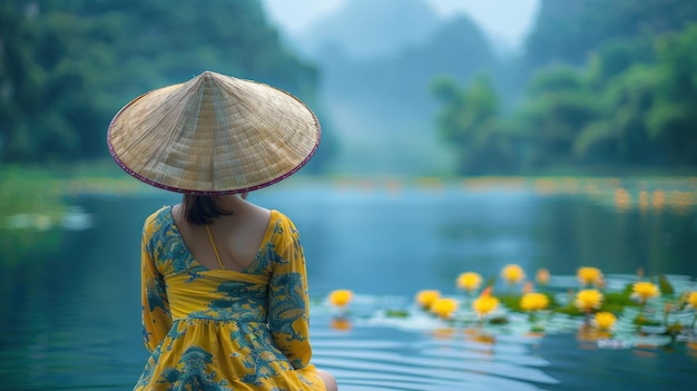 Woman in Traditional Vietnamese Hat by the Water