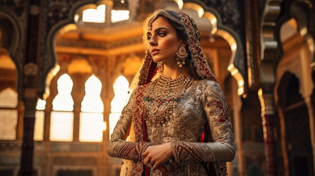 A woman in a traditional wedding dress stands in front of a window.