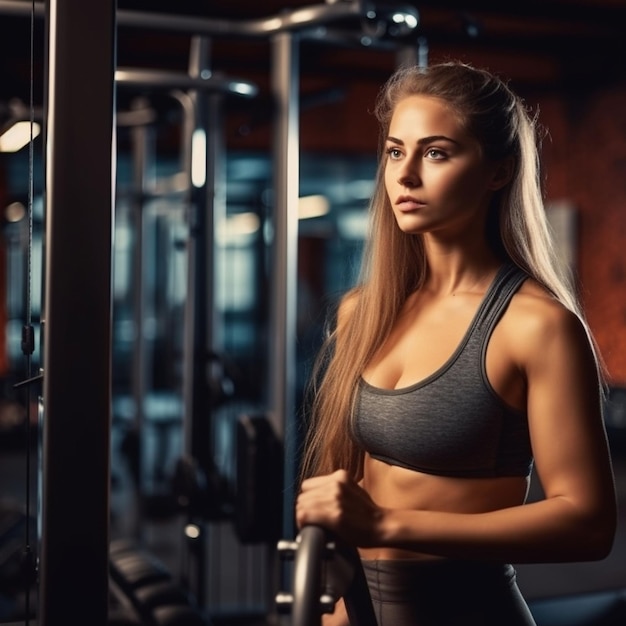 Woman training in a gym during the evening focuses on strength equipment with determination