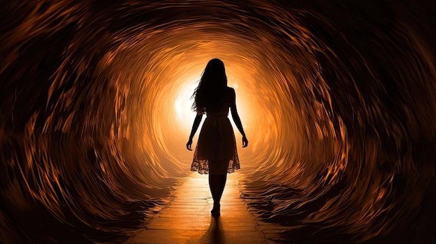 A woman transforms through the mysterious tunnel embracing the unknown