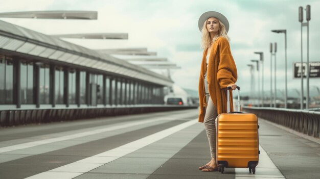 Woman travel with trendy summer fashion in train station Picturesque