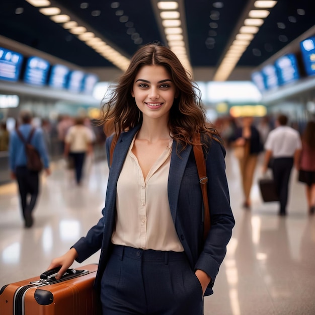 Woman traveler in airport smiling and confident going on journey