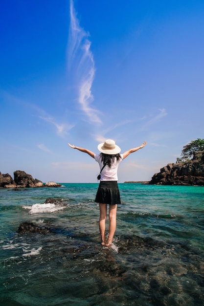 woman traveler standing and happy on the beach. 