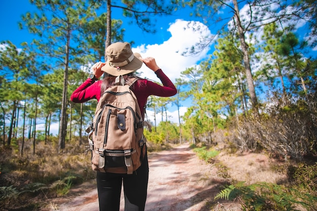 woman traveler walking in the forest and enjoying for beautiful view of nature on holiday. adventure concept.