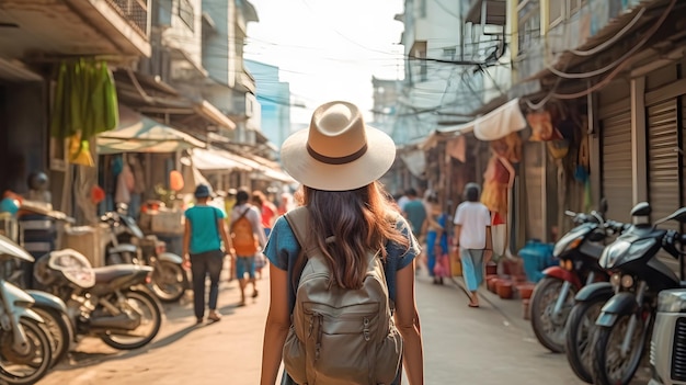 Woman traveler with backpack and hat sightseeing and touring streets with markets and street food stalls in Southeast Asia or India Generative ai