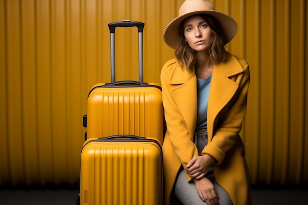 Woman traveler with a yellow suitcase affected Generated Ai