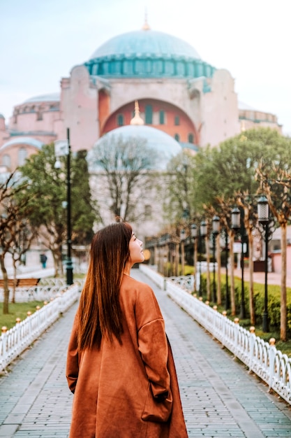 Woman traveling in Istanbul Aya Sofia mosque, Turkey