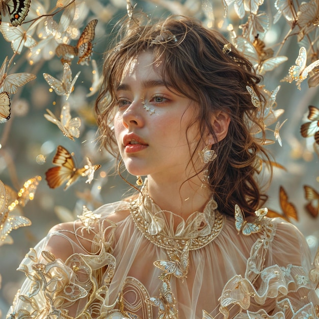 a woman in a tree with butterflies on her chest