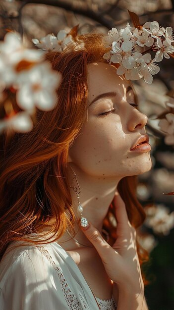 a woman in a tree with flowers beach in her hair