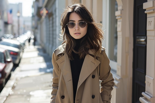 a woman in a trench coat is wearing a black turtleneck and a black turtleneck