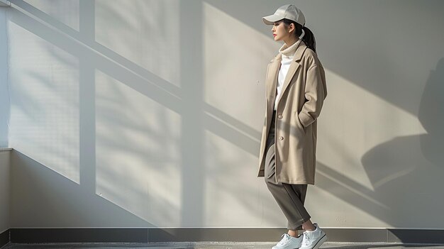 a woman in a trench coat stands in front of a wall with a white wall behind her