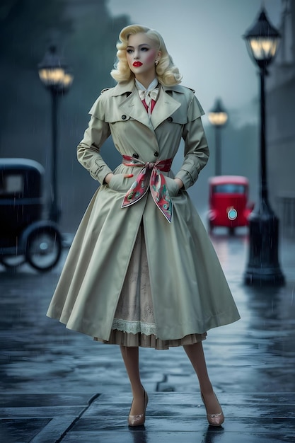 Photo a woman in a trench coat stands on a wet street