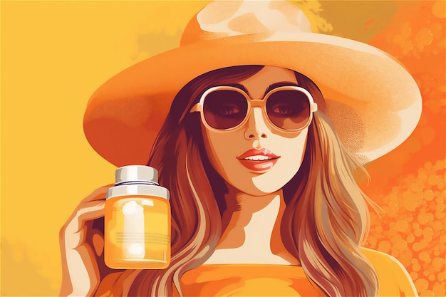 Woman in trendy straw hat and sunglasses holding jar of sun protection pills sunscreen supplement