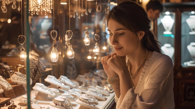 Photo a woman trying on jewelry at a boutique admiring the pieces in a welllit display case