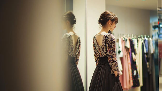 Photo a woman trying on a stylish dress in a fitting room