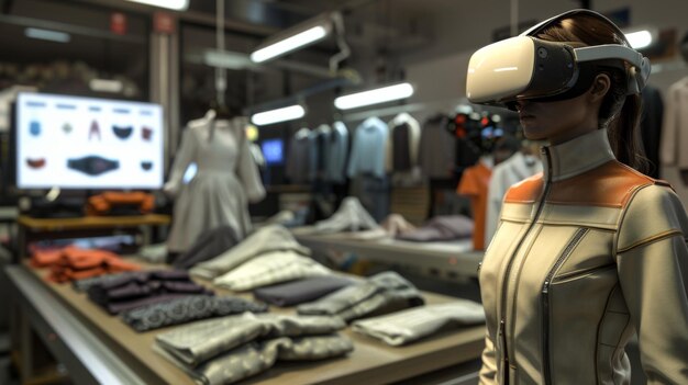 Woman trying virtual reality headset in clothing store