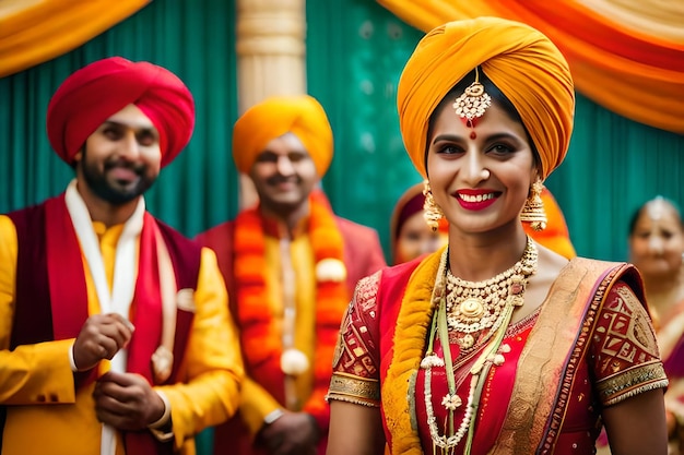 a woman in a turban poses for a photo with other men