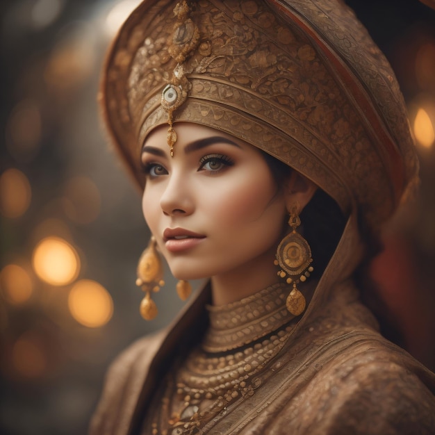 A woman in a turban with gold jewelry on her head.