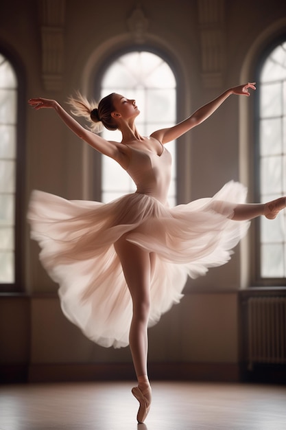 Photo a woman in a tutu is dancing in a room with a window behind her