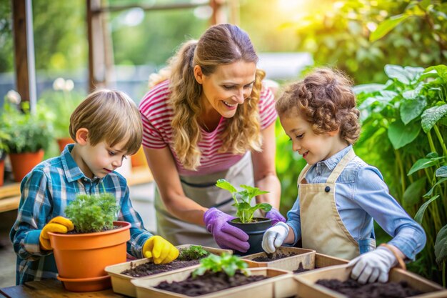 Photo a woman and two boys are working in a garden with plants